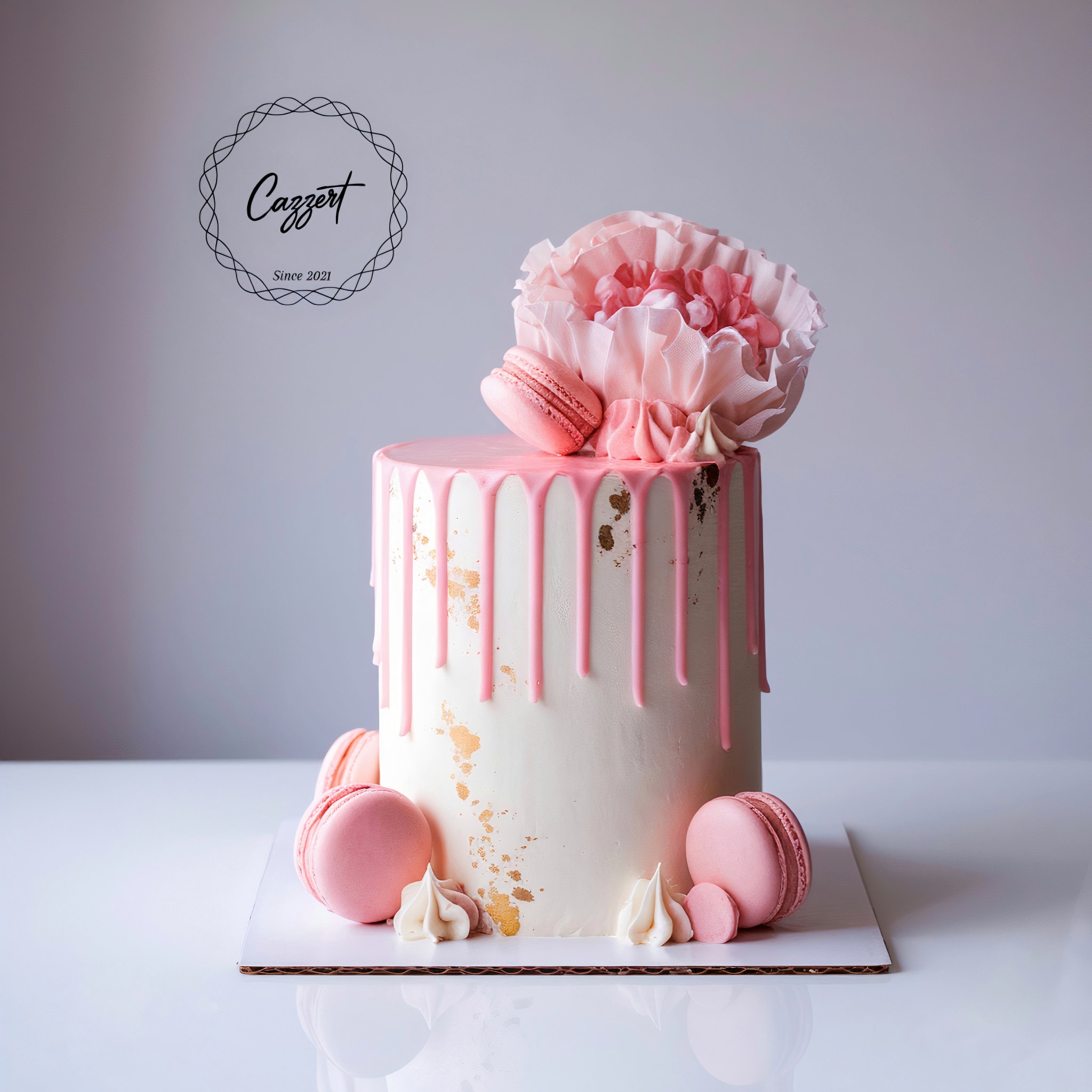 Elegant pink and white Cazzert drip cake with macarons